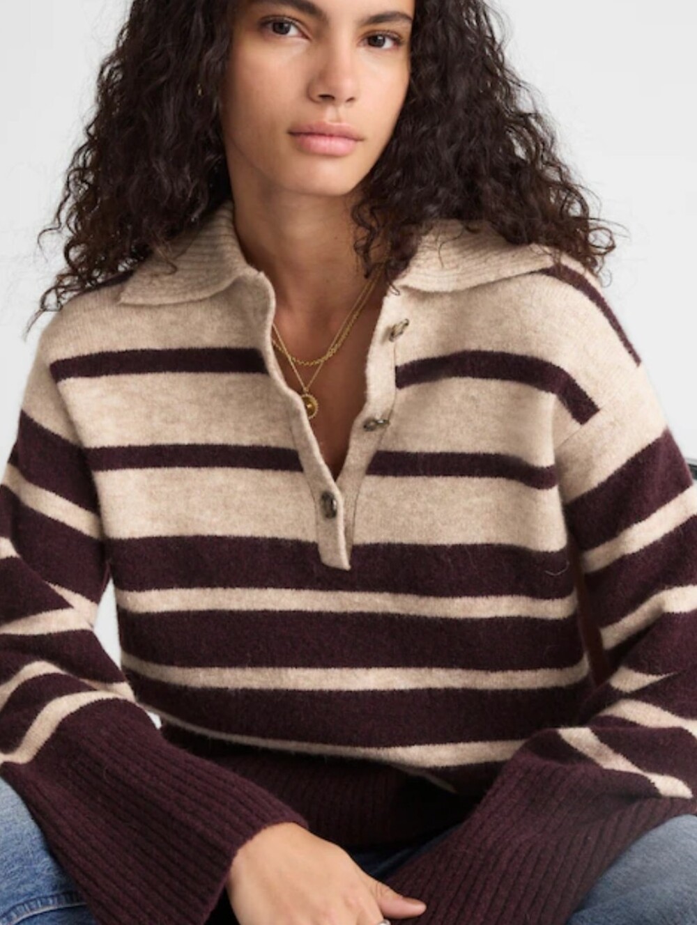 Madewell Cloudsoft Striped Knit Pullover Sweater Wool Mix Beige Dark Brown Sz S